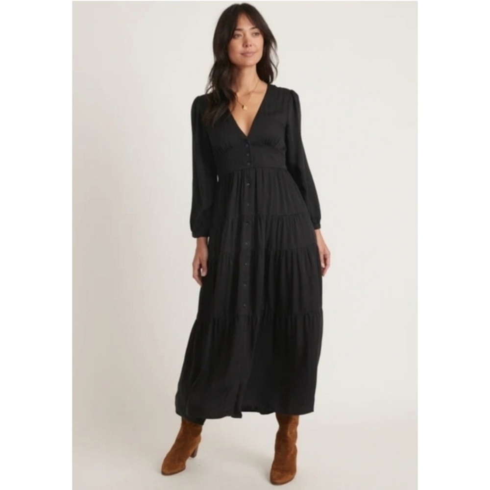 Marine Layer Maeve Maxi Dress Black Size M EUC Tiered Button Front Soft